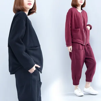 2018 noi femei casual coreean îngroșat slabire cu fermoar lung cu mâneci plus dimensiune Jachete + casual nouă pantaloni costum TB181005