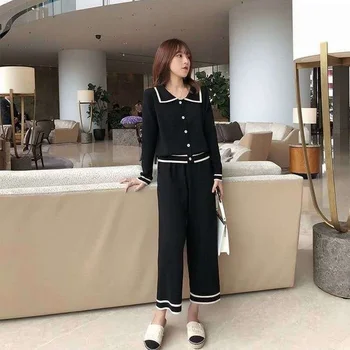2021 Nou Toamna Moda Coreeană Turndown Guler Tricot Cardigan Pulover + Liber Largi Picior Pantaloni De Costum Din Două Piese Seturi De Femei X584