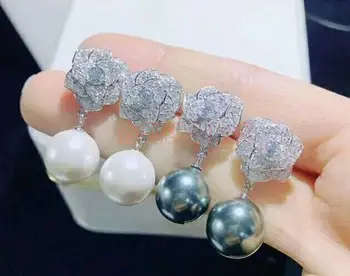 Nobil bijuterii o pereche de 9-10mm Japoneză AKoya pearl rotund alb de flori de trandafir de cristal stud zircon cercel de Argint 925