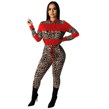 Femei din Două piese, Pantaloni, Hanorac Multicolor Leopard Împletit Tipărite de Costume de Toamna Iarna cu Gluga Două piese de Îmbrăcăminte, Cu Buzunare