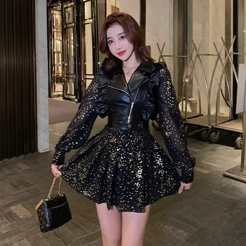 Faux din Piele jachete Și Rochii Negre Scurte de Blana Femei versiunea coreeană Toamna anului 2020 Nou geaca de Piele vesta Femei Seturi de Rochii 897E