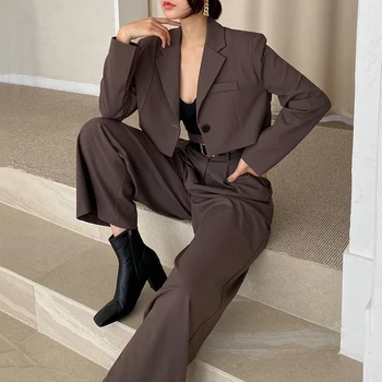 2022 Birou Doamnă Blazer Costume De Epocă Două Bucata Set Pentru Femei Maneca Lunga Blazer Scurt Cu Talie Înaltă Largi Picior Pantaloni Lungi 2 Bucata
