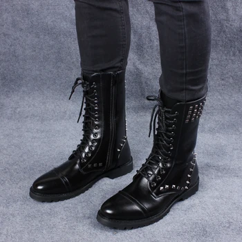 Stil britanic bărbați moda goth motocicleta rochii de cizme înalte piele de vaca nituri pantofi dantela-up negru timp de boot mult club de noapte botas