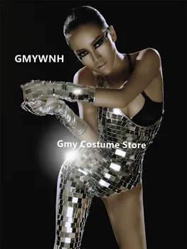 P64 Sexy oglindă de argint bodysuit dj rochie dans pol rochie femei salopeta cu paiete, costume bara de haine disco party catwalk poartă dj